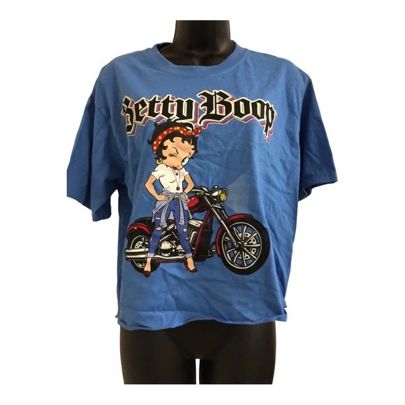 Betty Boop blue rolled hem winking Betty on motorcycle tshirt size small new - Picture 7 of 14